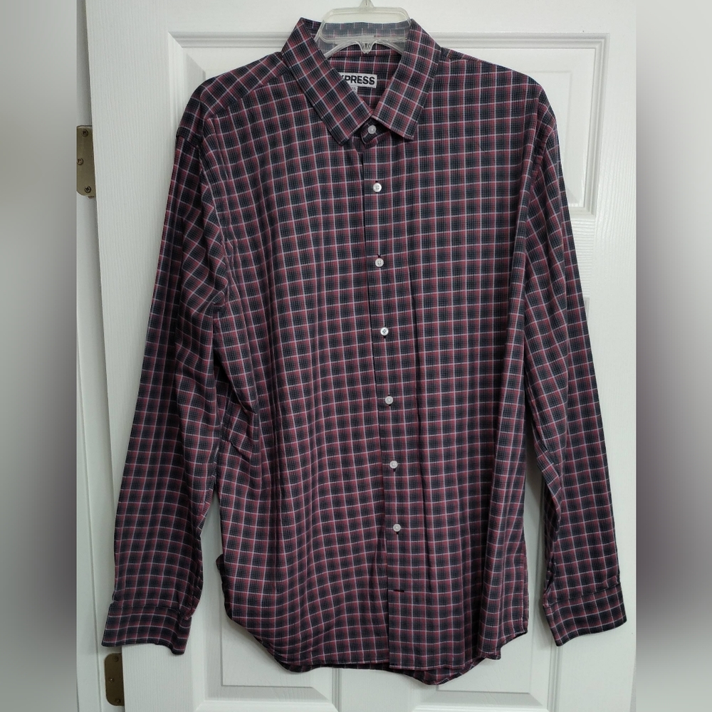 Express Men's XXL Red, Black Muticolor Button Down Long Sleeve Shirt